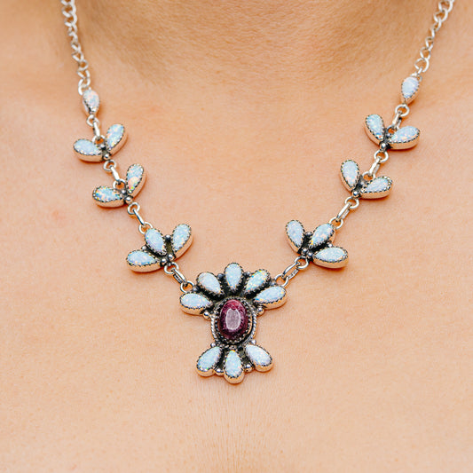 Southwestern Style Purple Spiny Oyster, Lab Opal Necklace 12 to 19" (.925 Sterling Silver)