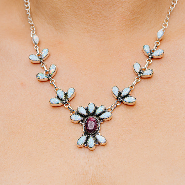 Southwestern Style Purple Spiny Oyster, Lab Opal Necklace 12 to 19" (.925 Sterling Silver)