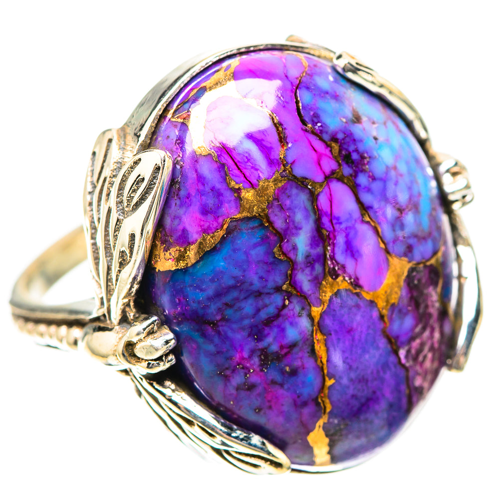 Purple-blue turquoise cabochon ring with gold matrix, ornate sterling silver band