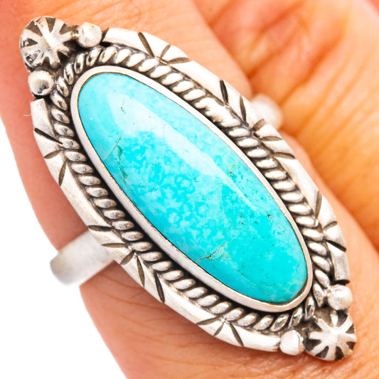 Mohave turquoise oval gemstone ring, .925 sterling silver, etched leaf and star settings