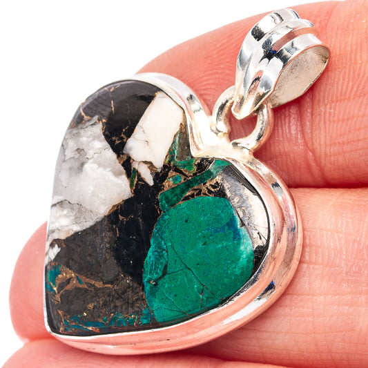 Heart turquoise matrix pendant with green-blue stone and white/black matrix, sterling silver setting
