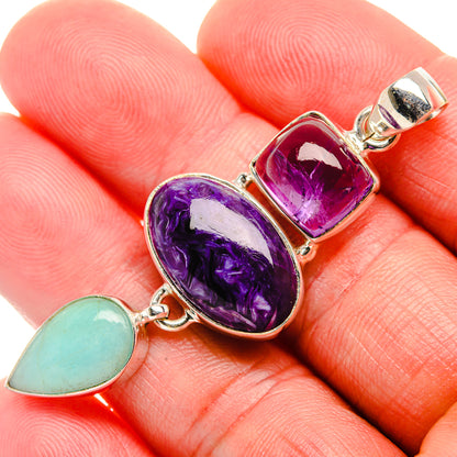 Charoite, Amazonite, Amethyst Pendant 2 1/4" (925 Sterling Silver) PD38205