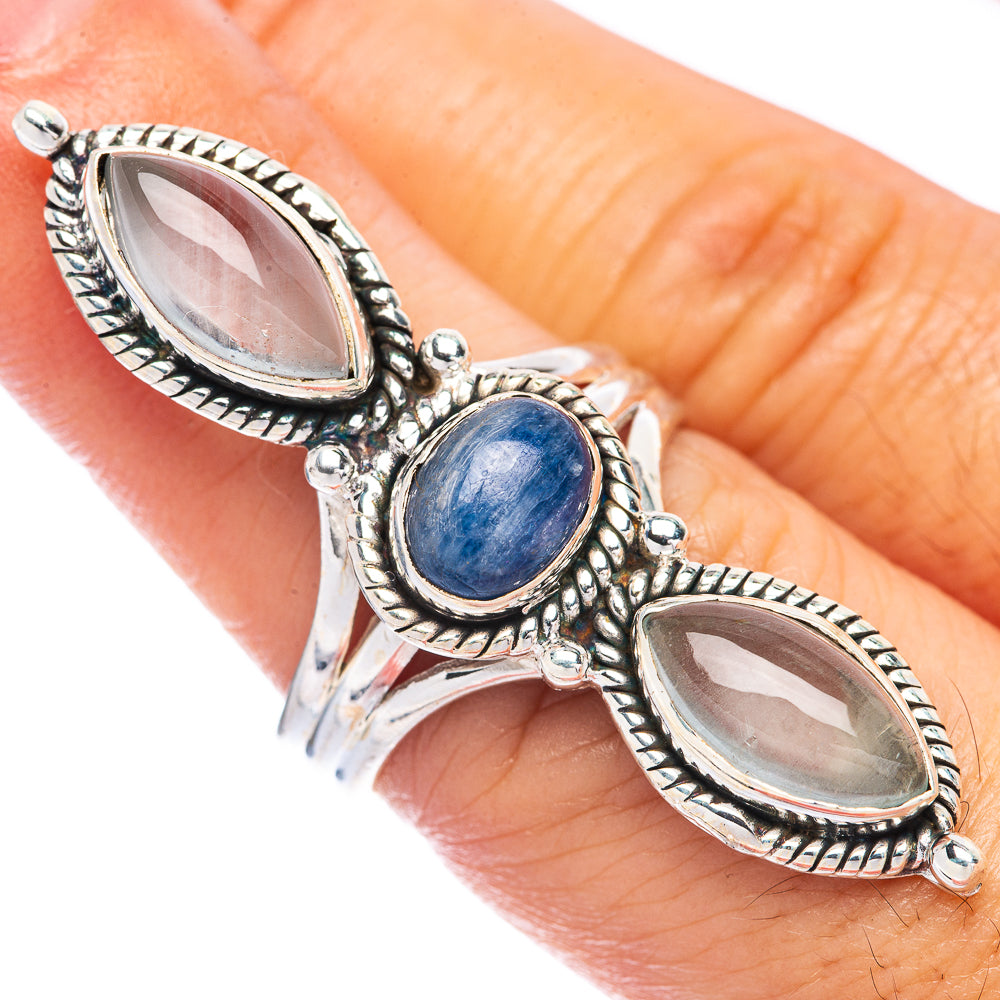 925 sterling silver kyanite ring with oval blue center stone and two oval side stones