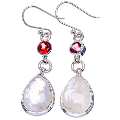 Rainbow Moonstone, Garnet Earrings 1 3/4" (.925 Sterling Silver)