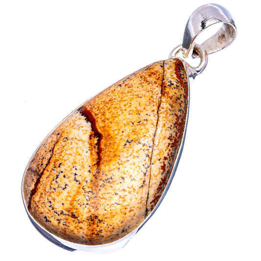 Teardrop picture jasper pendant with .925 sterling silver bail and bezel; speckled golden tan and dark bands