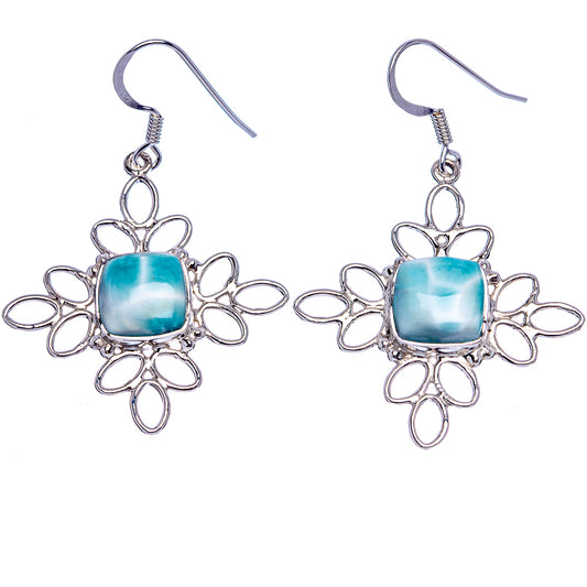Pair of sterling silver dangle earrings with square light-blue larimar stones and flower filigree