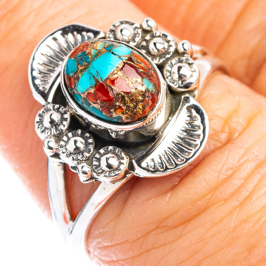 Native style coral matrix ring in sterling silver, oval turquoise/red stone bezel