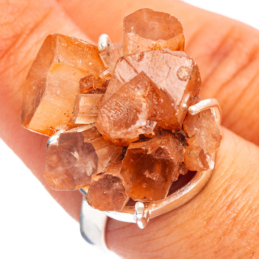 Orange aragonite ring with druzy crystal cluster on silver band, size 8