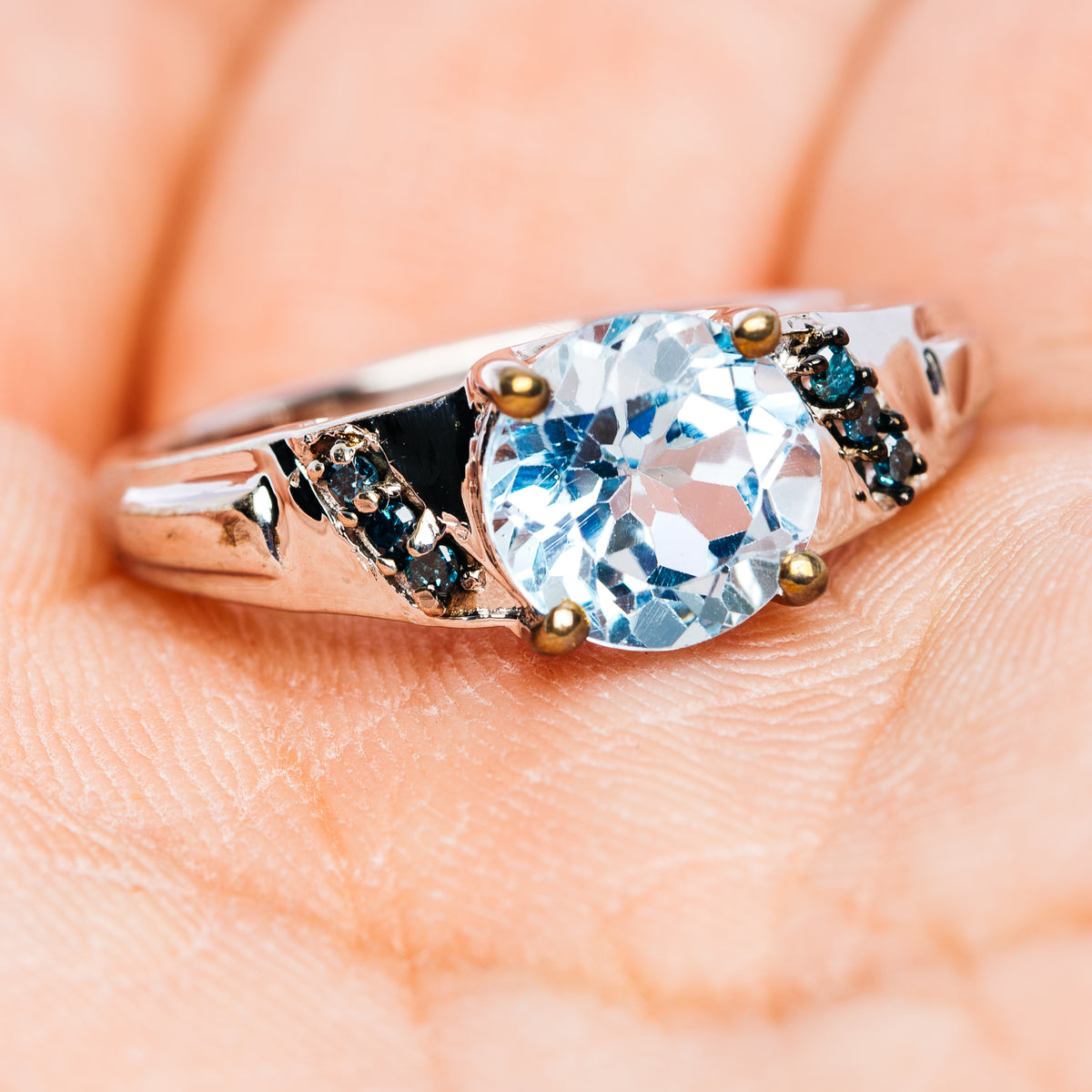 Blue Topaz, Blue Diamond Ring Size 7.75 (.925 Sterling Silver)