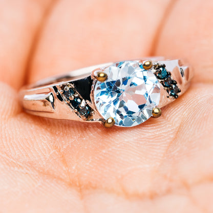 Blue Topaz, Blue Diamond Ring Size 7.75 (.925 Sterling Silver)