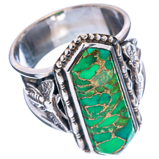 Sterling silver turquoise ring, oval green cabochon with raised details, size 9.25