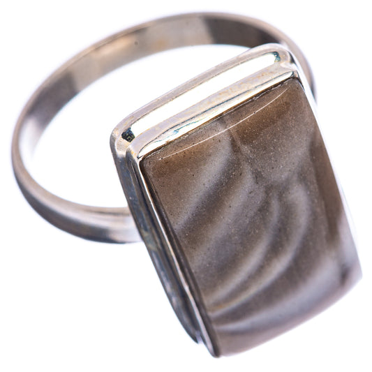 Sterling silver flint ring with rectangular striped stone, side angle view