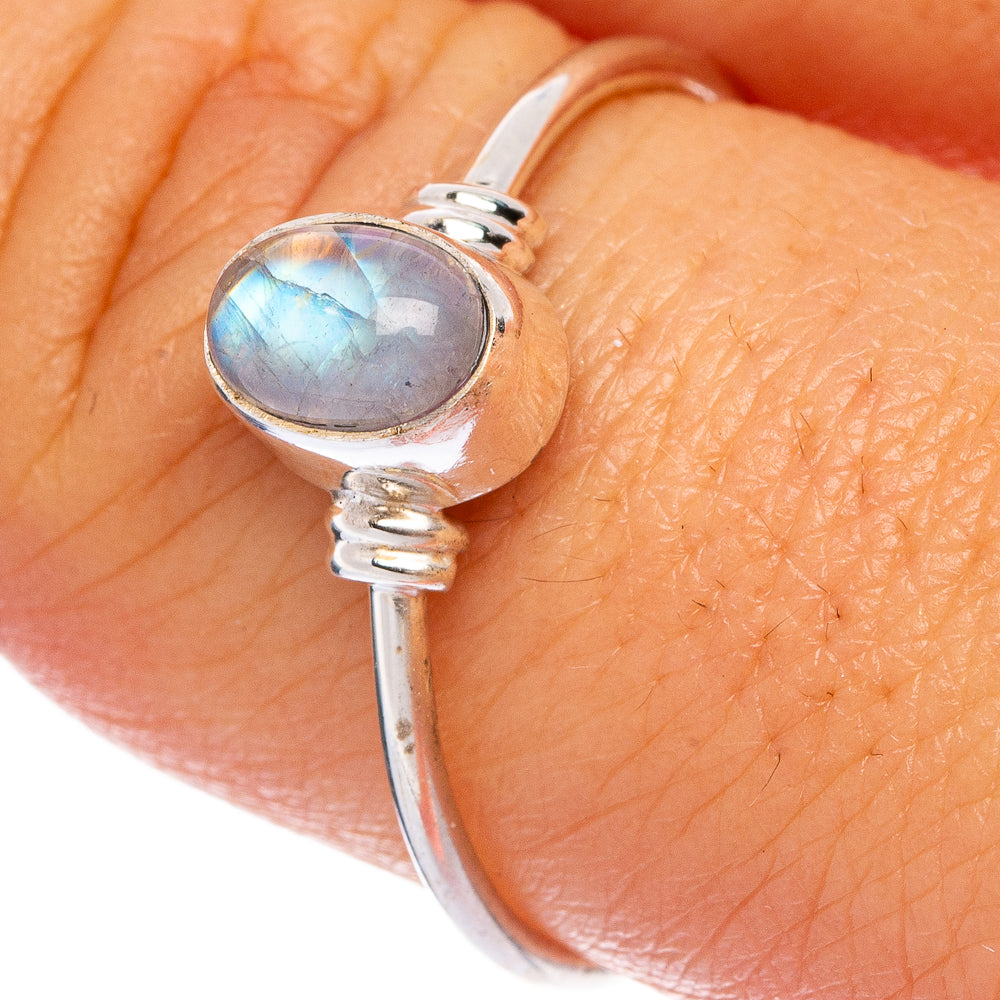 925 sterling silver dainty ring with oval rainbow moonstone cabochon, size 9.25