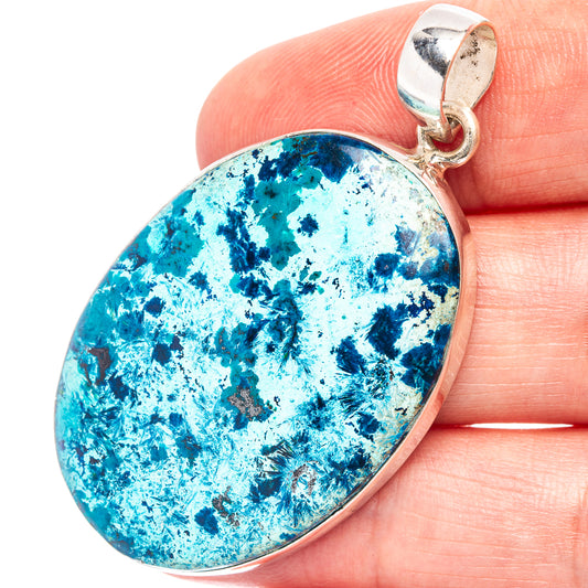Shattuckite pendant in .925 sterling silver, oval blue stone with silver bail