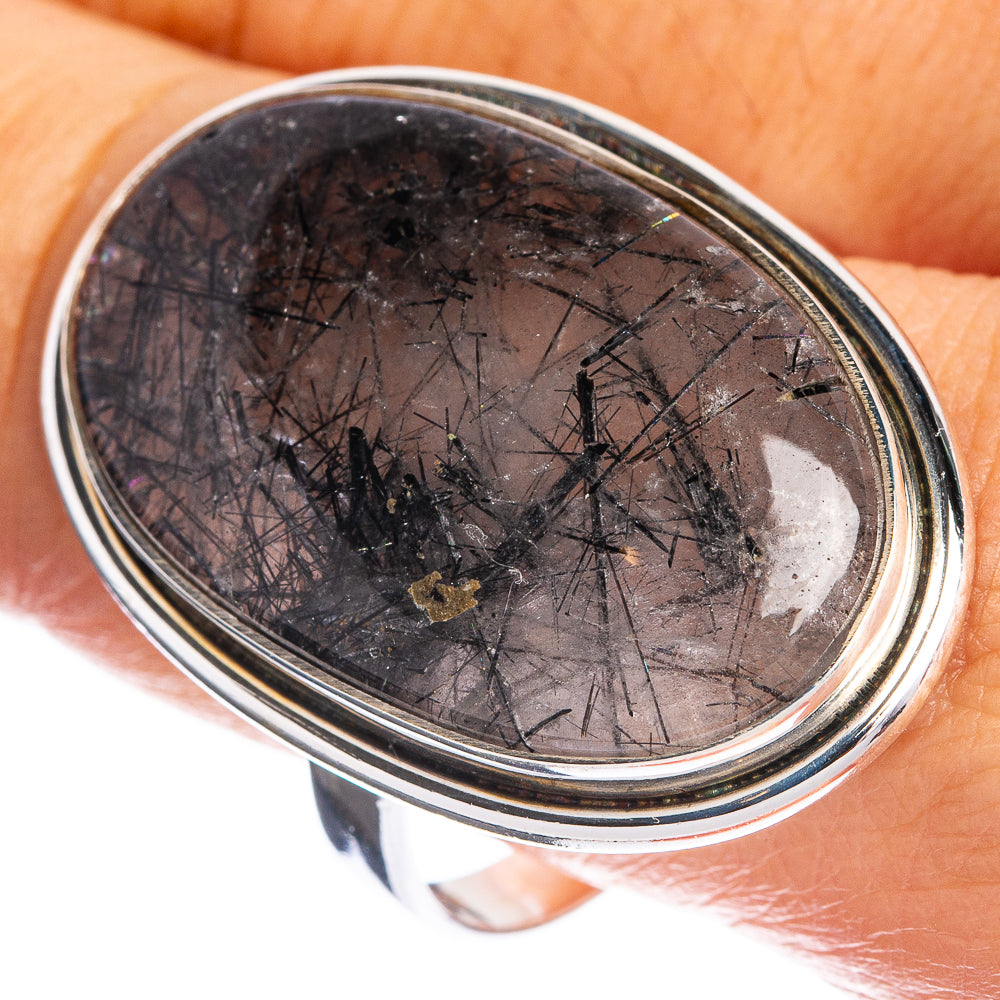 Sterling silver oval ring with dark tourmalinated quartz cabochon, size 12