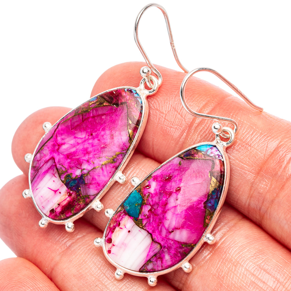 Pink and turquoise teardrop dangle earrings, 925 sterling silver settings