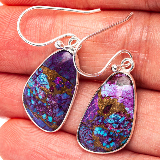 Purple, blue and gold teardrop turquoise earrings with .925 sterling silver hooks