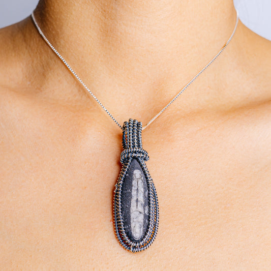 Large sterling silver orthoceras fossil pendant with oval stone in woven frame