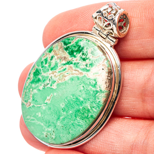 Oval green variscite gemstone sterling silver pendant with ornate openwork bail