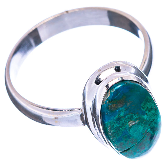 Sterling silver ring with teal oval chrysocolla gemstone and smooth band, size 8.75