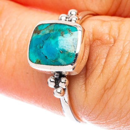 Square turquoise gemstone sterling silver ring, bezel-set with ornate band detail