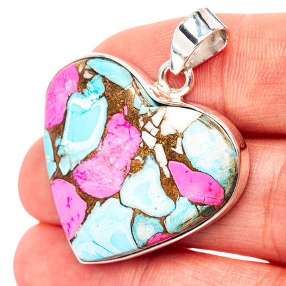 Premium Cotton Candy Dahlia Turquoise Heart Pendant 1 3/8" (.925 Sterling Silver)