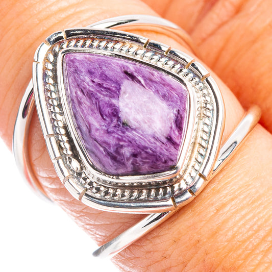 Sterling silver charoite ring with oval purple gemstone and engraved bezel
