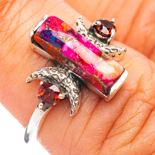 925 sterling silver ring with pink-purple mosaic gemstone and red round accents