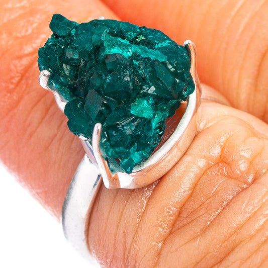 Sterling silver dioptase ring with large dark green crystal stone, size 5