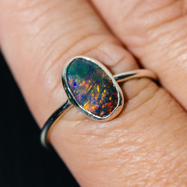 Black Ethiopian Opal Dainty Ring Size 9.75 (.925 Sterling Silver)