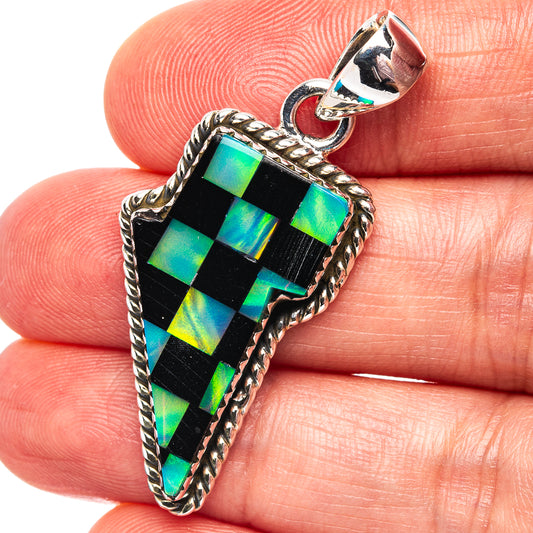Sterling silver lightning bolt pendant with opal-like multicolor square inlays