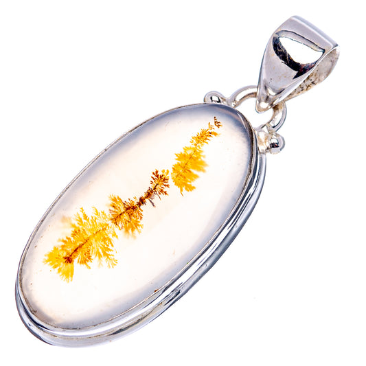 Oval dendritic agate pendant with sterling silver bail and bezel, golden branching design
