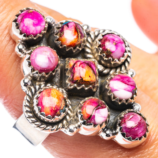 Adjustable sterling silver ring with oval pink-and-orange mosaic stones