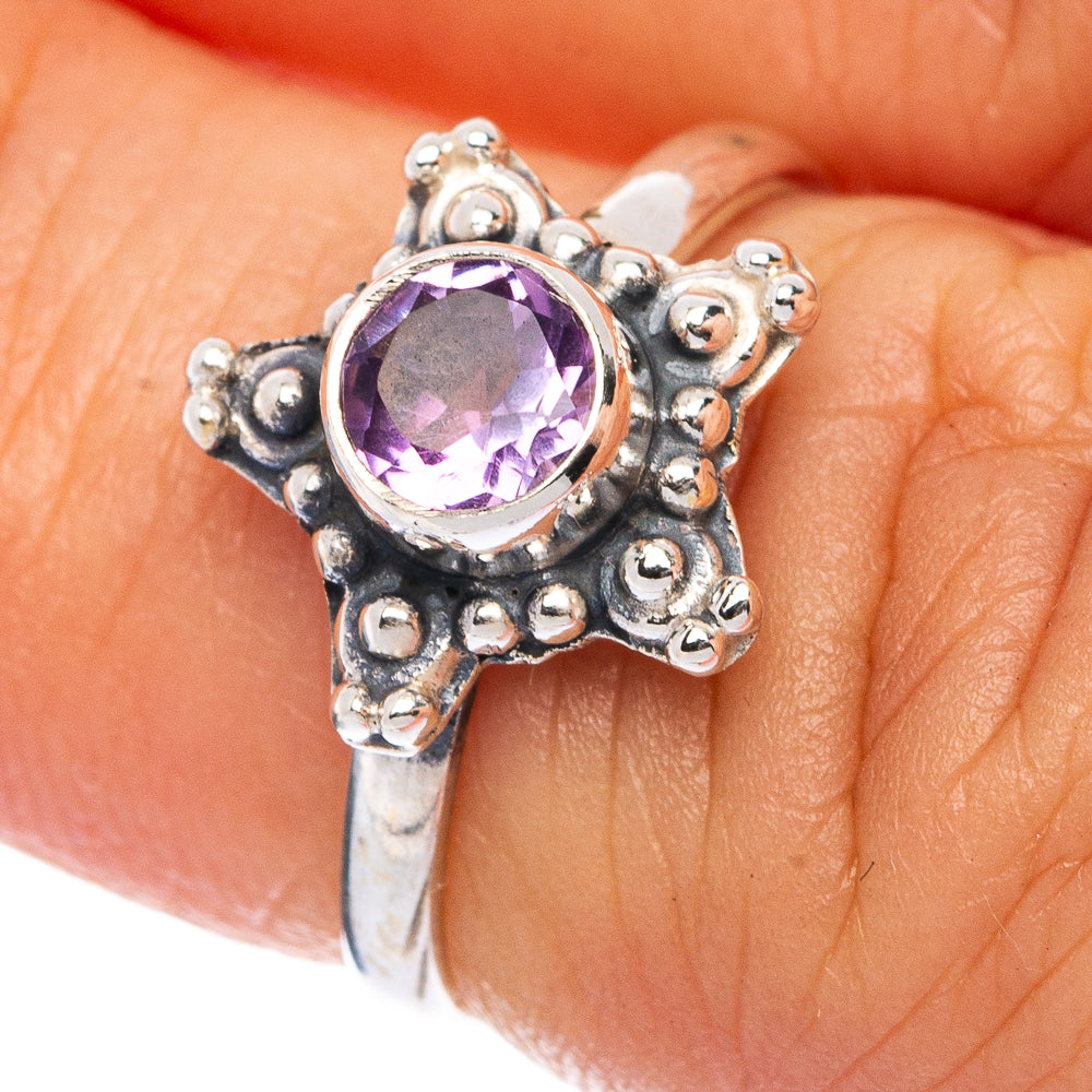 925 sterling silver amethyst dainty ring, faceted purple stone in ornate setting