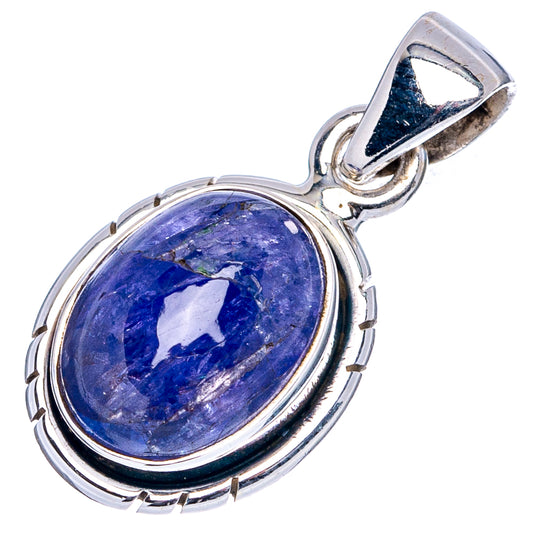Sterling silver tanzanite pendant with oval blue cabochon and raised bail, scalloped rim