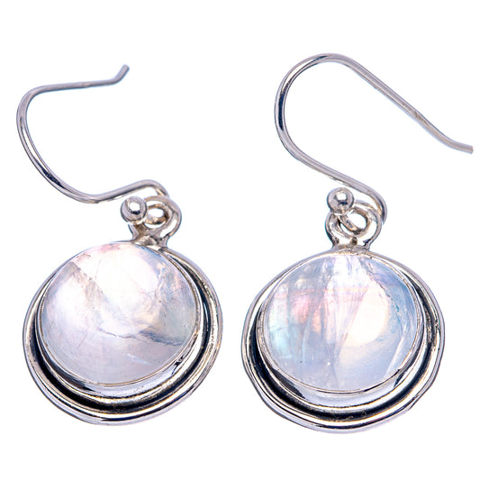 Pair of round rainbow moonstone cabochon earrings, .925 sterling silver, fishhook backs