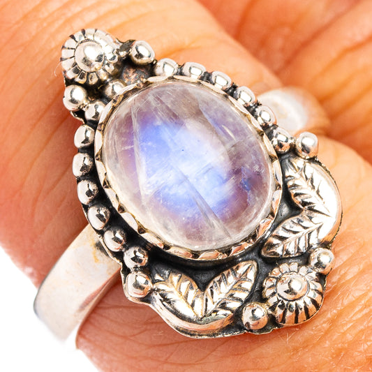 925 sterling silver moonstone ring with oval cabochon and leaf-and-flower bead detailing
