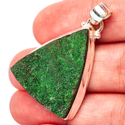 Uvarovite garnet pendant, green triangular druzy stone in .925 sterling silver bezel