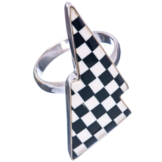Sterling silver checkered bolt ring with black-and-white pattern, size 10