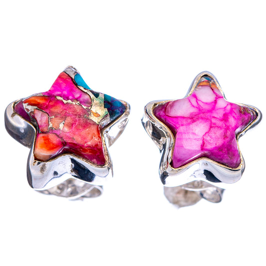 Pair of pink and turquoise star earrings in .925 sterling silver, front view