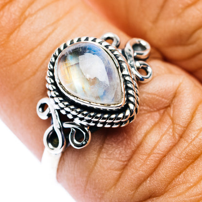 Oval moonstone dainty ring, .925 sterling silver with rope bezel and scalloped edge