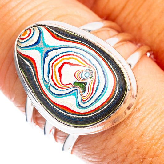 Sterling silver oval ring with colorful swirl gemstone inlay, size 9.25