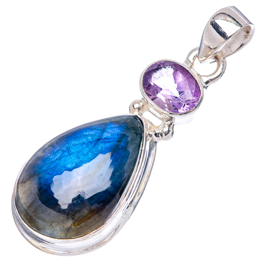 Amethyst and labradorite sterling silver pendant with bail, oval purple amethyst and blue teardrop