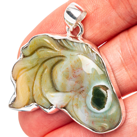 Ocean jasper pendant in .925 sterling silver bezel, irregular green-and-cream stone