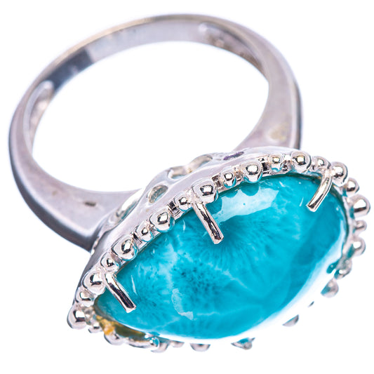 Larimar oval ring with bright blue cabochon, .925 sterling silver prong setting