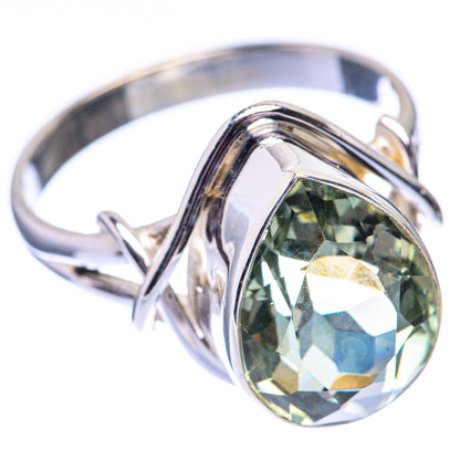 Sterling silver oval green amethyst ring with raised bezel and prong setting, size 11.75.