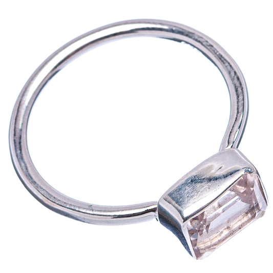 Sterling silver ring with rectangular light pink gemstone bezel on prongs