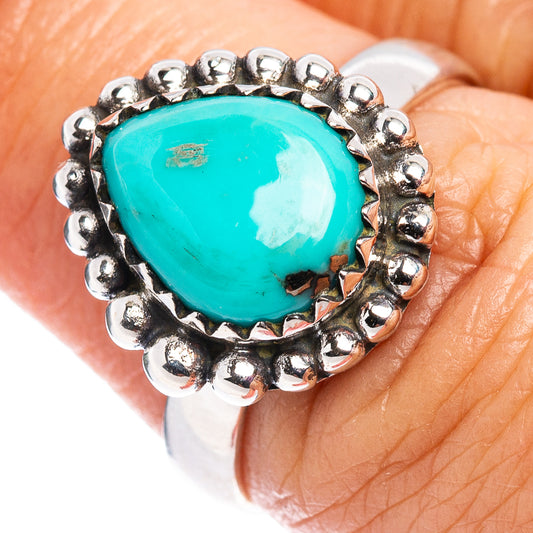 Rare Kingman turquoise ring with oval turquoise cabochon in silver beaded bezel