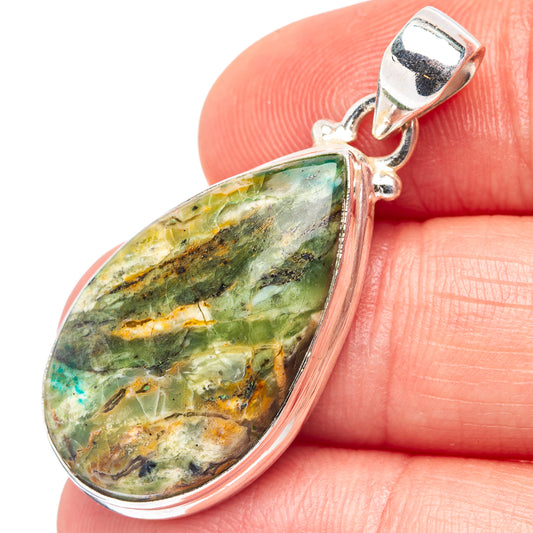 Teardrop green opal pendant in .925 sterling silver bezel with loop bail