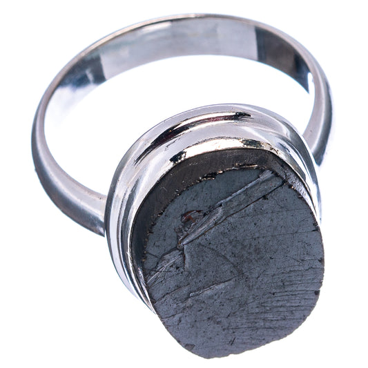 Shungite ring with round black cabochon and polished .925 sterling silver band, side view
